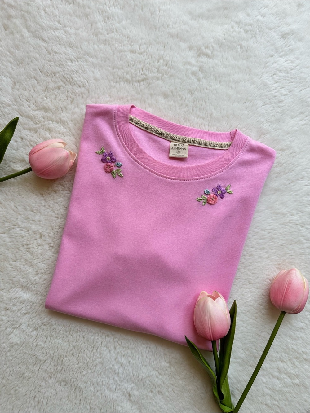 Hello Athenas Women’s Hand Embroidered Pima Cotton Tee Short Sleeve Sweet Pink